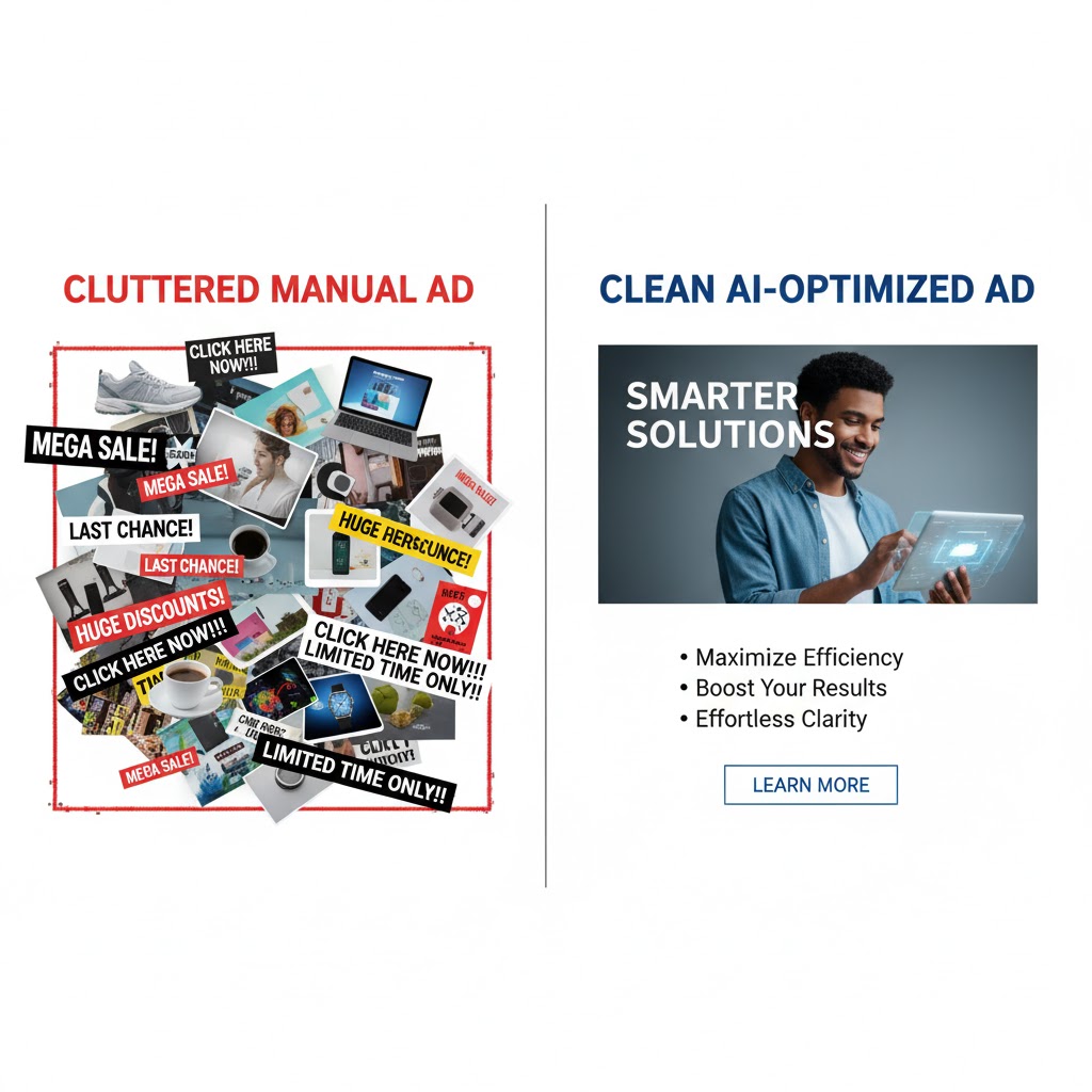 Before and after comparison of manual ad copy versus AI-optimized Google ad with improved clarity.