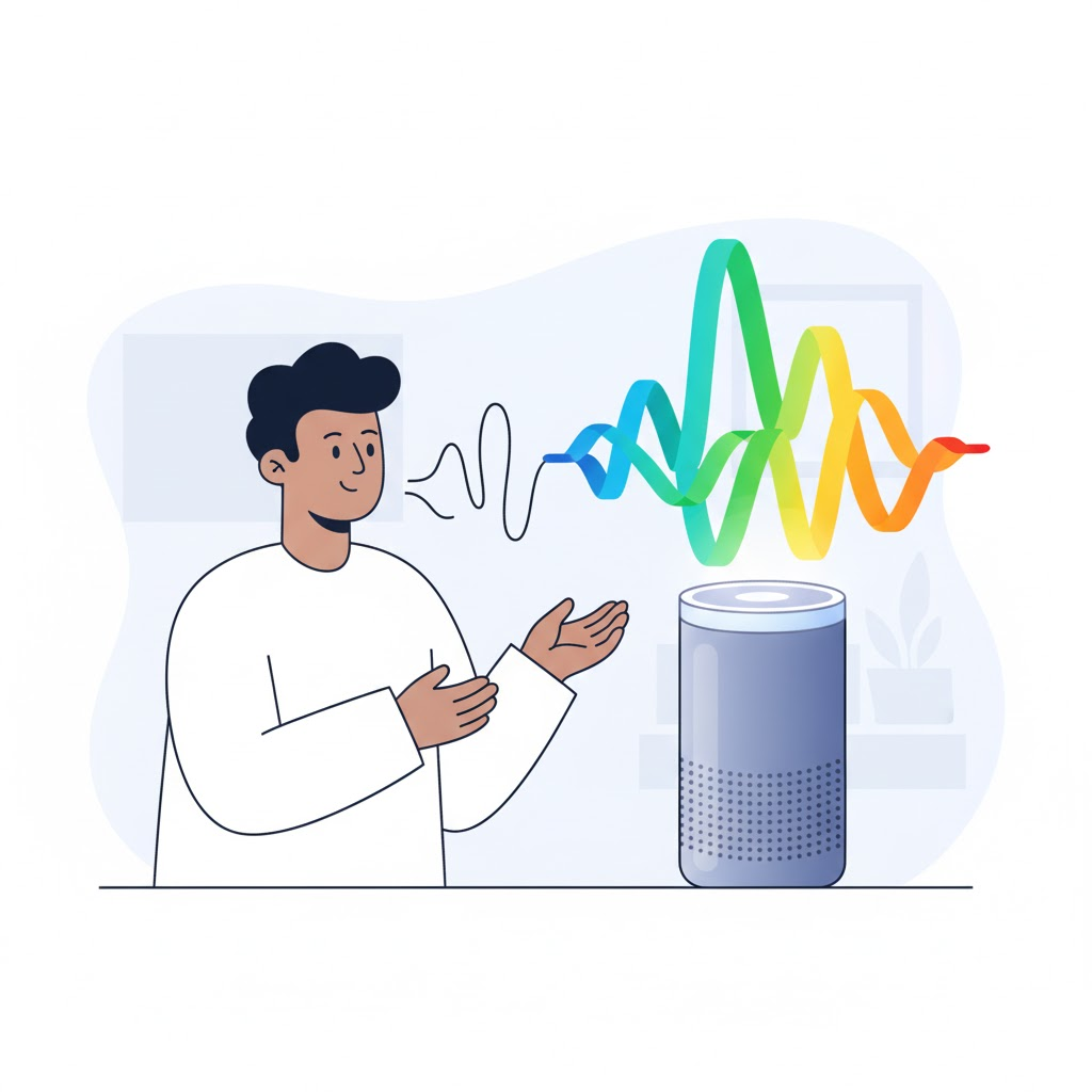Person using voice search with smart speaker showing soundwave visualization for Google Ads