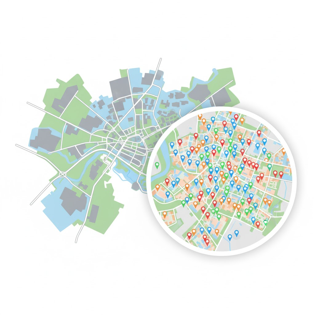 City map showing hyperlocal targeting zones with precision pins for Google Ads campaigns in 2026