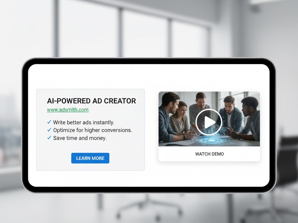 plit screen showing Google search text ad alongside video preview in 2026 ad format