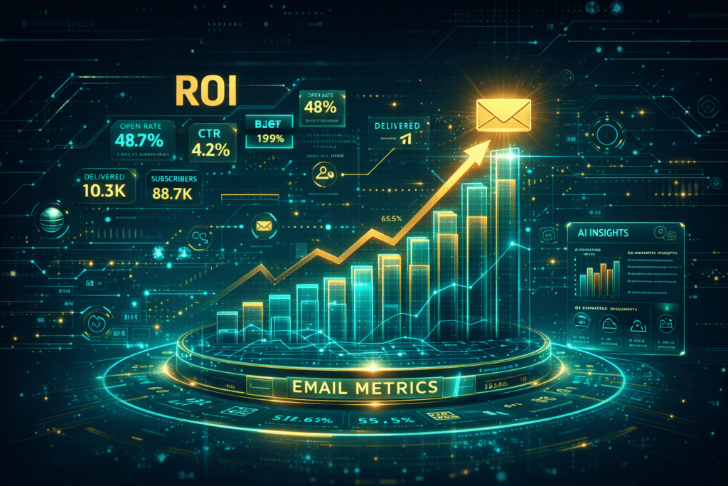 Email marketing ROI dashboard showing 36 to 1 return on investment with upward trending graphs and analytics
